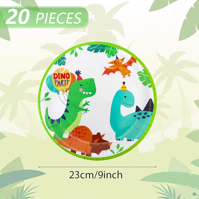 20Pcs 9 Inch Dinosaur Party Plates Cute Cartoon Dino Theme Heavy Duty Paper Plates Disposable Paperplates for Baby Shower Boys Girls Kids Dinosaur Birthday Party Decorations Supplies