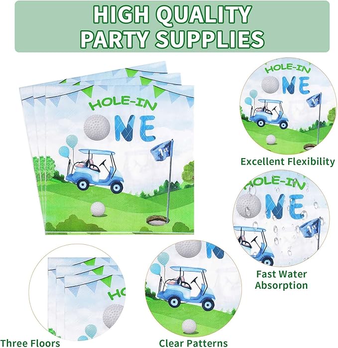 Grencian 96 Pcs Golf First Birthday Party Supplies Hole In One Plates and Napkins Forks Tableware Set for Kids Boys 1st Birthday Party Decorations Golf Ball Sport Game Club Serves 24