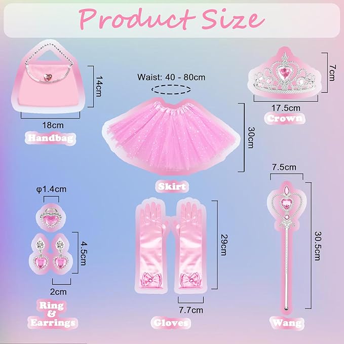 Princess Dress Up Accessories Tulle Skirt Toddler Tutu Costume Toys with Princess Crown Gloves Wand Earrings Ring Handbag 9pcs Girl Role Play Gift Set Birthday Party Favors for 3-8 Years Girls