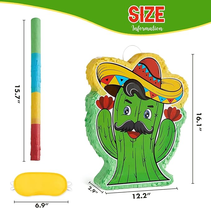 WERNNSAI Mexico Cactus Piñata - Mexican Fiesta Piñata Cinco De Mayo Party Game with Stick and Blindfold, Mexican Themed Party Family Gathering Taco Night Birthday Games