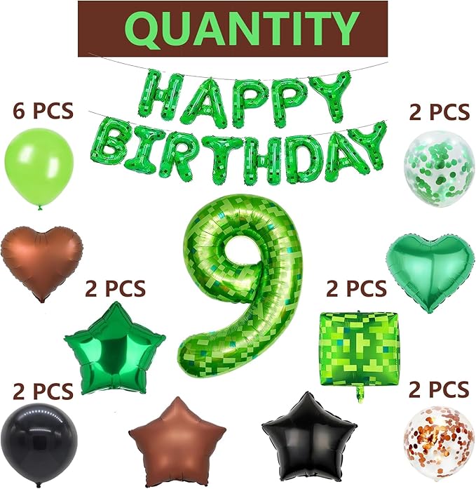 34Pcs Pixel Happy Birthday Party Decorations Set Green Pixel Miner Number 9 Foil Balloon Large Mylar Mining Theme 9th Number Balloons Video Game Party Supplies Cubes Boxes Decor