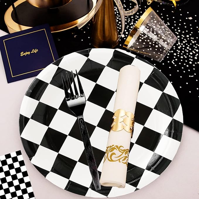 60Pcs Race Car Black and White Checkered Party Supplies - Racing Tableware Set with 7" Plates, Checkered Flag Napkins, Forks for Race Car Themed Birthday Party Decorations (Serves 20)