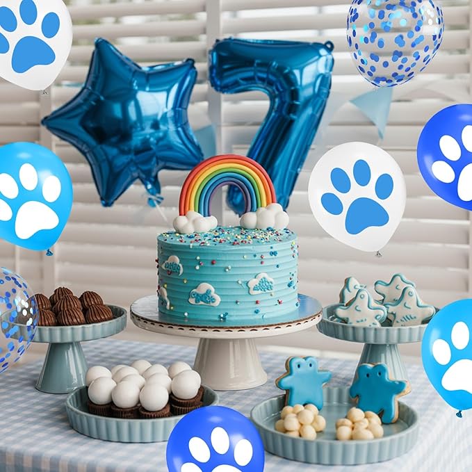 Paw Print Balloons, 12 Inch Navy Light Blue White Paw Print Confetti Dog Birthday Balloons for Boy Girl Dog Birthday Party Decorations Baby Shower Graduation Celebration Backdrop