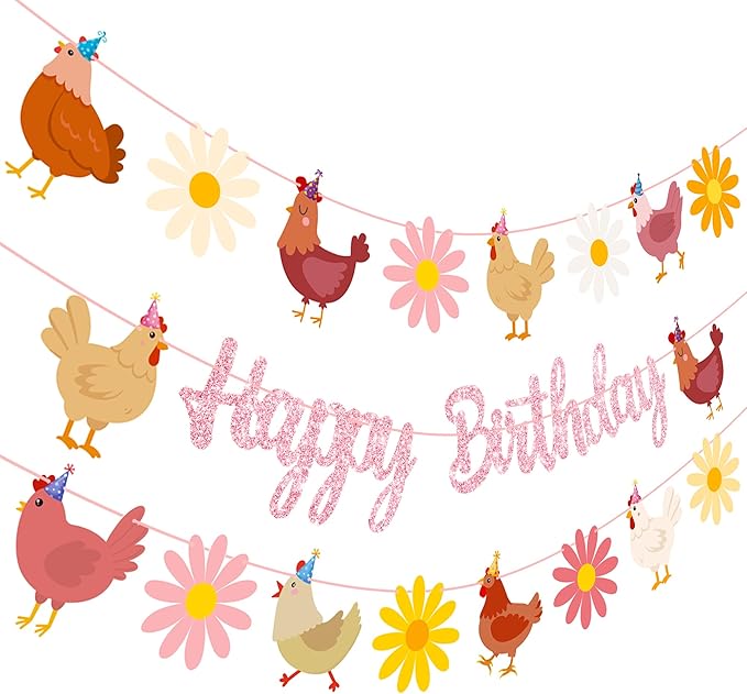 Chicken Themed Birthday Party Supplies Daisy Chicken Happy Birthday Banner Pink Glitter Floral Little Chick Party Decoration Hen Themed Cutout Banners for Girls Farm Animal Bday Baby Shower Supplies