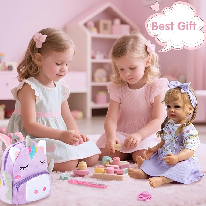 10 Pcs Reborn Baby Doll Clothes Accessories Set Fit 17-22 Inch Realistic Baby Dolls, Reborn Doll Clothes with Purple Unicorn Backpack Magnetic Pacifier & Headband Girl