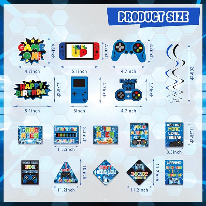 Video Game Birthday Party Decorations, 179Pcs Gamer Gaming Birthday Party Supplies Decor with Backdrop, Sticker, Balloons, Cake Toppers, Tablecloth, Centerpieces, Hanging Swirls, Wall Signs
