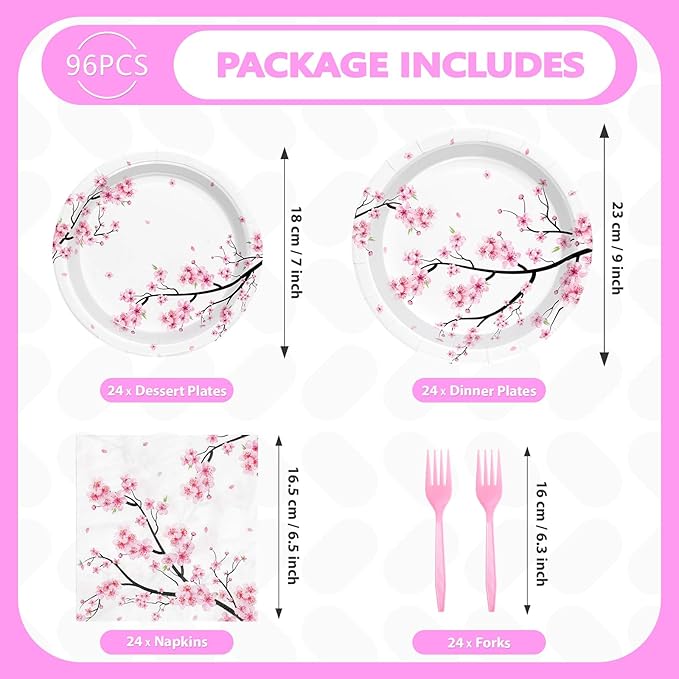 98Pcs Cherry Blossom Party Decorations Cherry Blossom Birthday Plates and Napkins Spring Pink Floral Tablecloth Tableware Set Decorations for Wedding Bridal Shower Retirement Party Supplies Serve 24