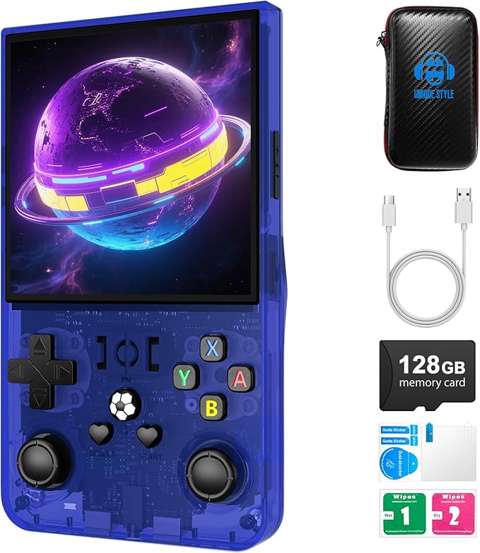 R36MAX Retro Handheld Game Console,128GB Open Source System Support 30+ Emulator Console,4.0 Inch IPS Screen Retro Gaming Console,4000mAh Battery,Portable Video Game Console for Christmas (Blue)