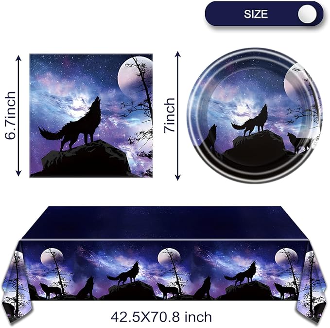 Wolf Birthday Party Tableware Set,20 Plates and 20 Napkins and Tablecloth 86 '' x 51 '', Wolf Animal Party Decorate Supplies