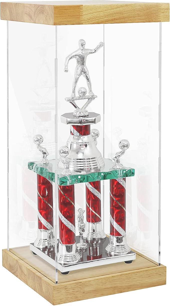 BenchPro Clear Acrylic Display Case for Trophy, Collectibles, Assemble Cube Display Box Stand Dust Proof Protection Showcase for Action Figures Toys. (1.75" Thick Wood, 27" H x 12" L x 12" D)