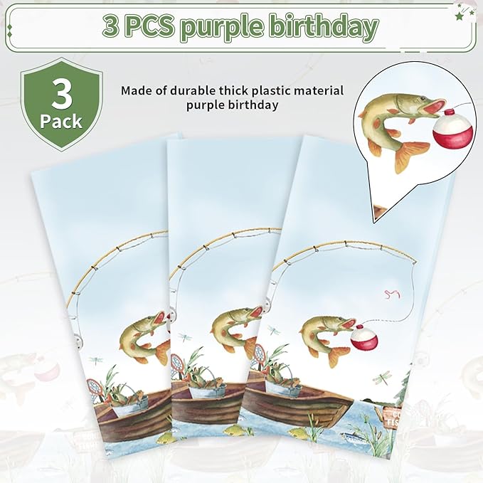 3Pcs Gone Fishing Party Tablecloth Fishing Birthday Plastic Table Cover Waterproof Little Fisherman Baby Shower Disposable Table Cloth for Ofishally One Retirement Party Decorations, 54 x 108 Inch