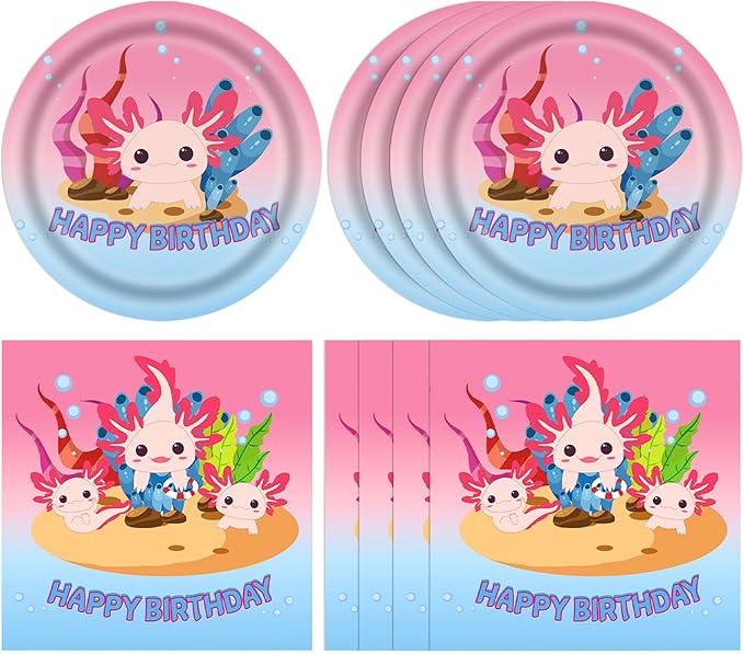 40 Pcs Axolotl Party Birthday Decoration Pink Cartoon Reptile Animals Tableware Set Include 7 Inch Dessert Plates and Paper Napkins for Axolotl Kids Girls Baby Shower Party Supplies