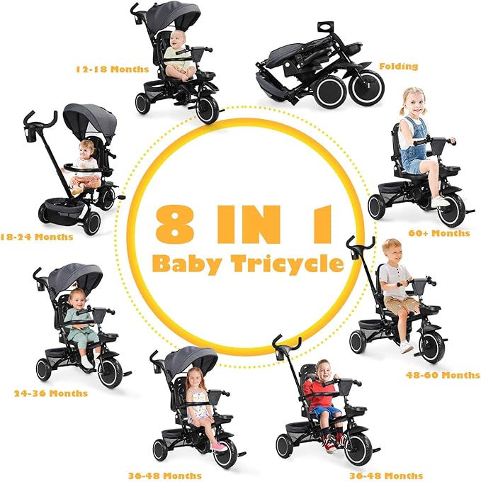 Folding Kids Tricycle, 8 in 1 Toddler Trike W/Removable & Adjustable Canopy, Parent Handle, 5-Piont Harness, Toddler Bike Tricycle for Kids 1-6 Years, EVA Wheels, Storage Basket, Grey
