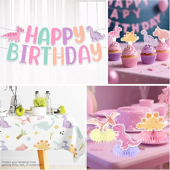 Xynic 201 Pcs Pastel Dinosaur Birthday Decorations Girl, Dinosaur Birthday Banner, Cupcake Toppers, Disposable Table Cloth, Plates and Napkins Pink Watercolor Cute Girls Dino Theme Party Supplies