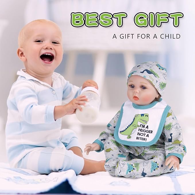 12 Pcs Reborn Baby Doll Accessories Boy 17-22 Inch Reborn Baby Boy Doll Clothes with Backpack Diapers, Cute Dinosaur Design, Babies Pretend Play Set