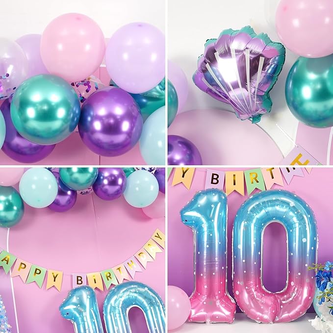 10th Mermaid Birthday Decoration,Metallic Purple Pink Green Blue Latex Balloons for Girls Party Decoration Number 10 Seashell Foil Balloons Banner Cake Topper Sea Decorations for 10 Year Old