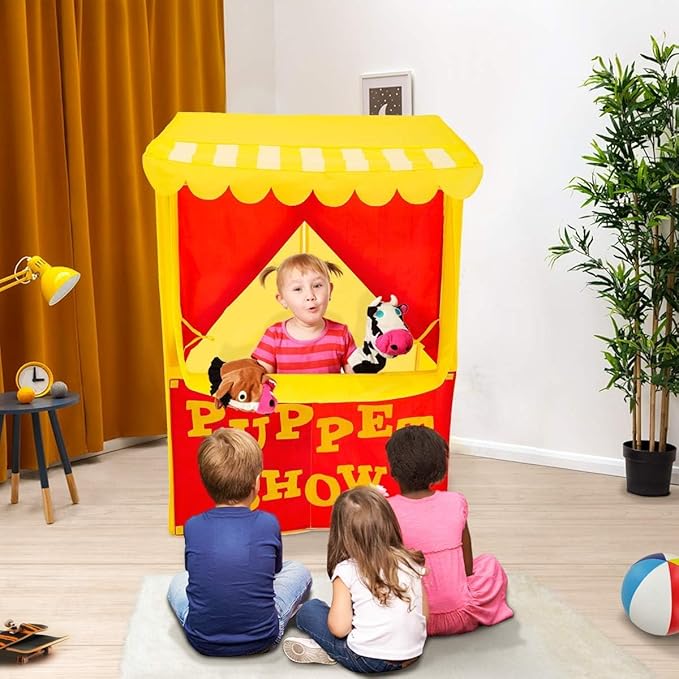Alvantor® Lemonade Stand Puppet Show Theater Pretend Playhouse Tent Kids on Stage Doorway Table Top Sets for Toddlers Curtain Fordable Rods Children Dramatic Furniture, 28"X20"X41"H, Yellow