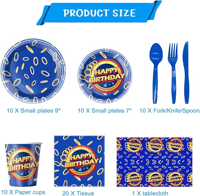 81Pcs Cartoon Blue Hedgehog Birthday Party Supplies,Blue Hedgehog Set Tableware Plates Napkins Cups Knives Spoons Forks