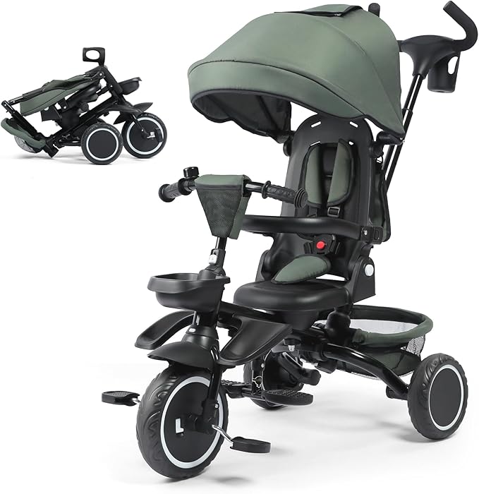 8 in 1 Kids Tricycle, Folding Toddler Tricycle w/Reversible Seat, Adjustable Push Rod & Canopy, Baby Trike Toddler Bike w/Bell, 5-Point Harness, Extra Storage, Cup Holder, Dark Green