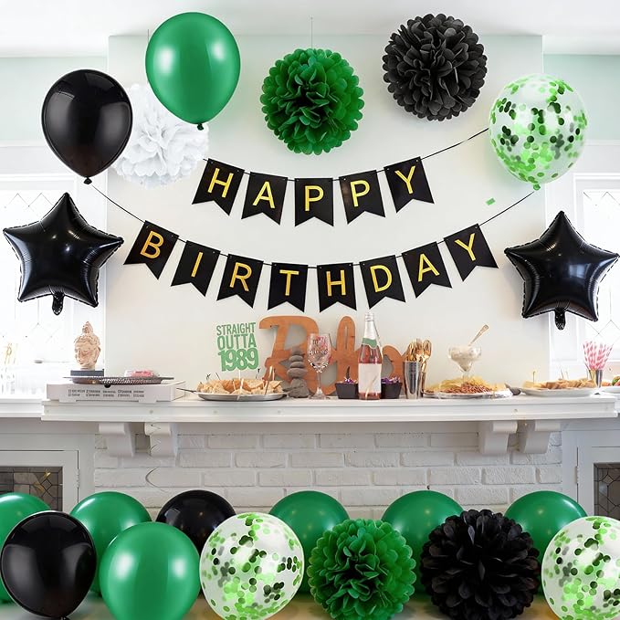 Birthday Decorations for Men Green and Black Party Decor Supplies Boy Including Happy Birthday Banner Confetti Latex Balloon Foil Balloon and Ribbon