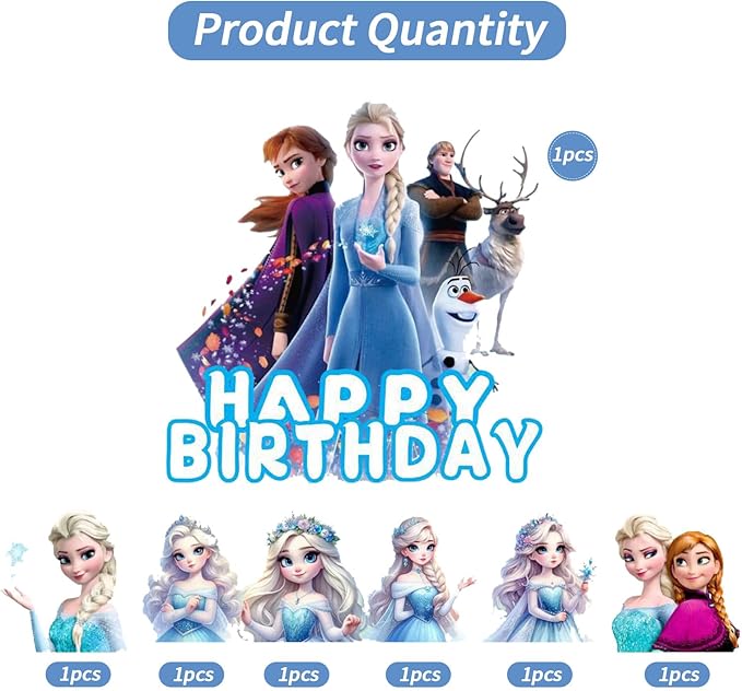 7Pcs Cute Blue Princess Birthday Cake Decorations，1 Large, 6 Small Snow Theme happy Birthday Cake Toppers，For Ice Birthday Party Supplies (A)