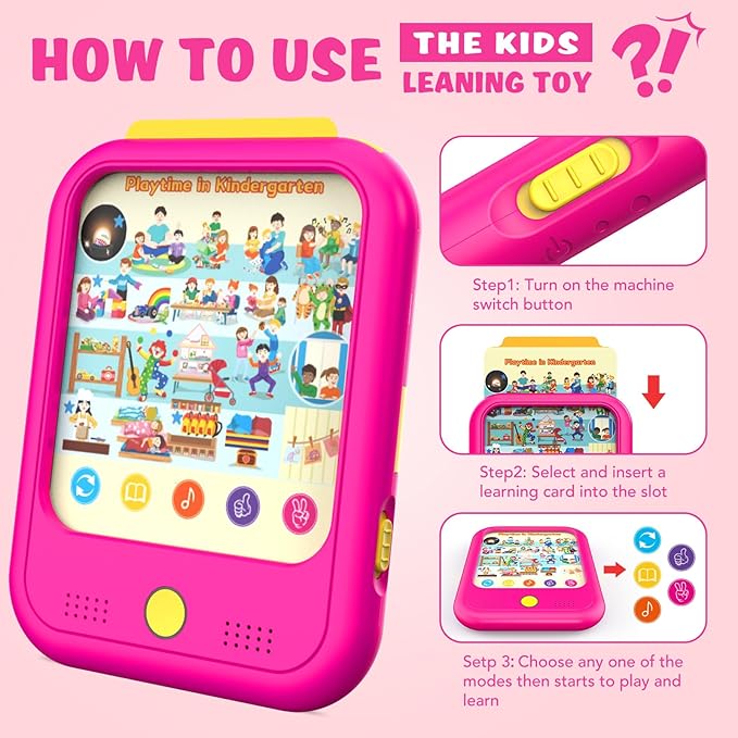 Kids Learning Tablet Educational Learning Pad for Toddlers 2-5 to Learn Alphabets, Numbers, Foods, Time, Music, Vehicles,Tablet Toy for Toddlers Ages 2 3 4 5 6 Years Old Pink