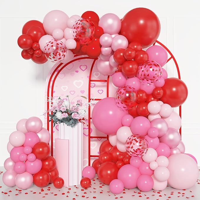Amandir 153pcs Pink and Red Balloon Arch Garland Kit, Different Sizes 18 12 10 5 inch Latex Pearlescent Hot Pink Heart Confetti Valentines Balloons for Birthday Proposal Wedding Party Decorations