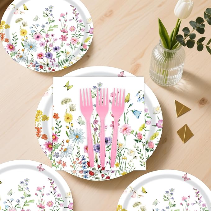 96 Pcs Wildflower Paper Plates and Napkins Party Supplies, Floral Party Plates Napkins Forks Disposable Tableware Set for Picnic Wedding Birthday Baby Shower Tea Party Decorations Serves 24