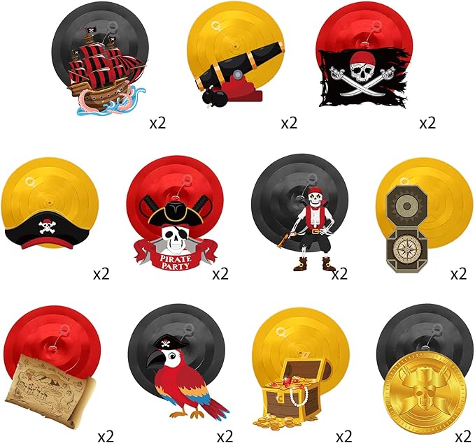 Censen 52 Pcs Pirate Party Hanging Swirls Decor Pirate Theme Ceiling Wall Spiral Streamer Pirate Captain Hat Skull Parrot Treasures Ceiling Hanging Swirl for Pirate Nautical Caribbean Birthday Party