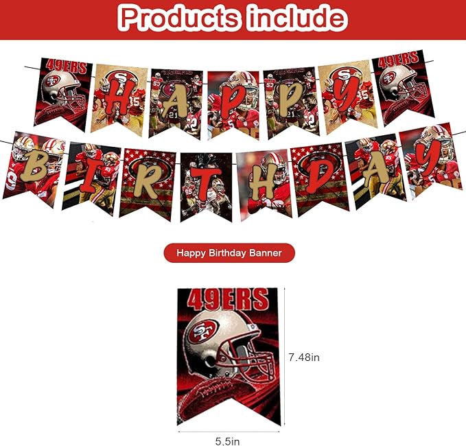 49ers Party Decorations,San Francisco Birthday Party Supplies Includes Banner- Cake Topper - 24 Cupcake Toppers - 18 Balloons
