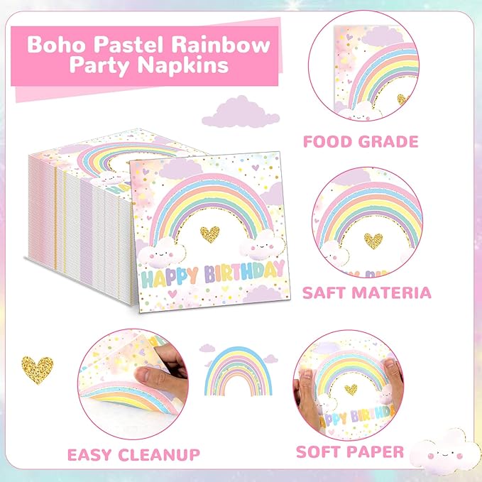 96PCS Boho Pastel Rainbow Party Paper Plates and Napkins for Rainbow Cloud Theme Party Dessert Cake Plates Disposable Decor Girls Happy Birthday Set for Kids Birthday Gatherings Decorations