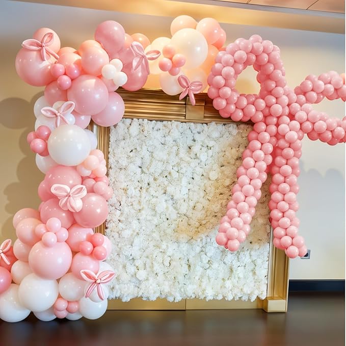 Pink and White Balloon Arch Kit,Baby Pink Clear Long Balloons for Girl Light Pink Latex Bow Birthday Party Decorations Wedding Baby Shower Bridal Engagement Anniversary Pink Bow Decor