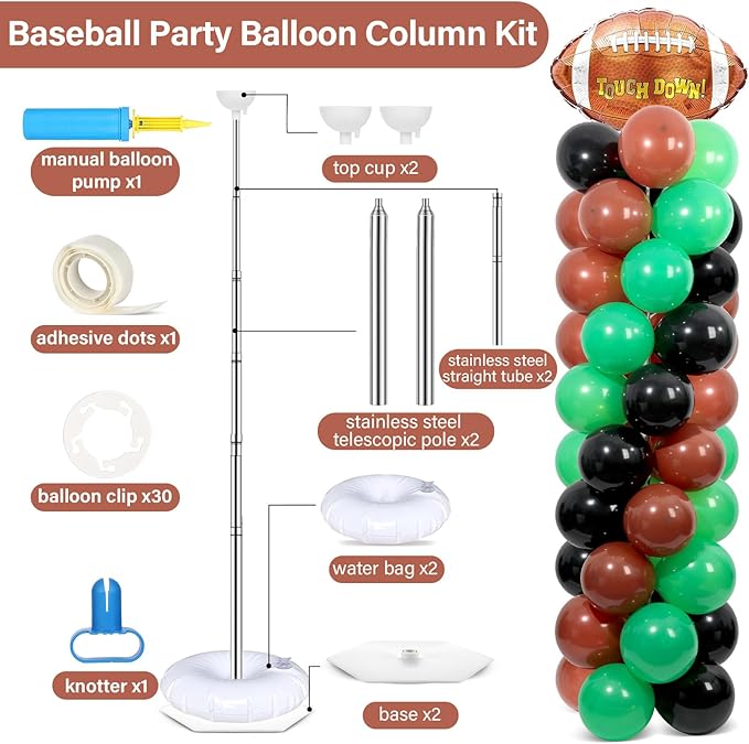2 Sets Football Party Balloon Column Stand Kit With 102 Rugby Foil Balloons 5.57Ft Adjustable Balloon Tower Stand With Base Game Sports Arch Column for Sports Tailgate Game Day Birthday Party Supplies