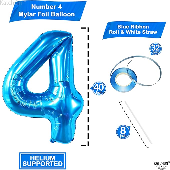 KatchOn, Big Blue Number 4 Balloons - 40 Inch | Blue 4th Birthday Balloons Boy, Fourth Birthday Balloon | 4th Birthday Decorations For Boys | 4 Year Old Balloon for Shark 4th birthday Decorations