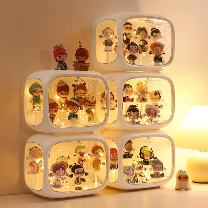 Display case for Figures with Light Adjustable Display Stand Clear Acrylic Display Box with Door Dust and Moisture Proof Suitable for Lego Collectibles Action Figures Pop Mart