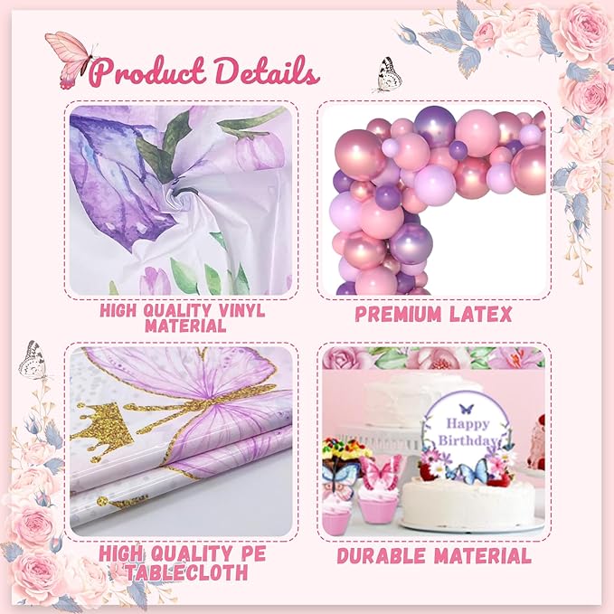 138PCS Butterfly Birthday Decorations for Girls, Butterfly Party Supplies Include Balloon Arch Butterfly Backdrop Foil Balloon 3D Butterfly Wall Decors Tablecloth Cake Topper Tassle
