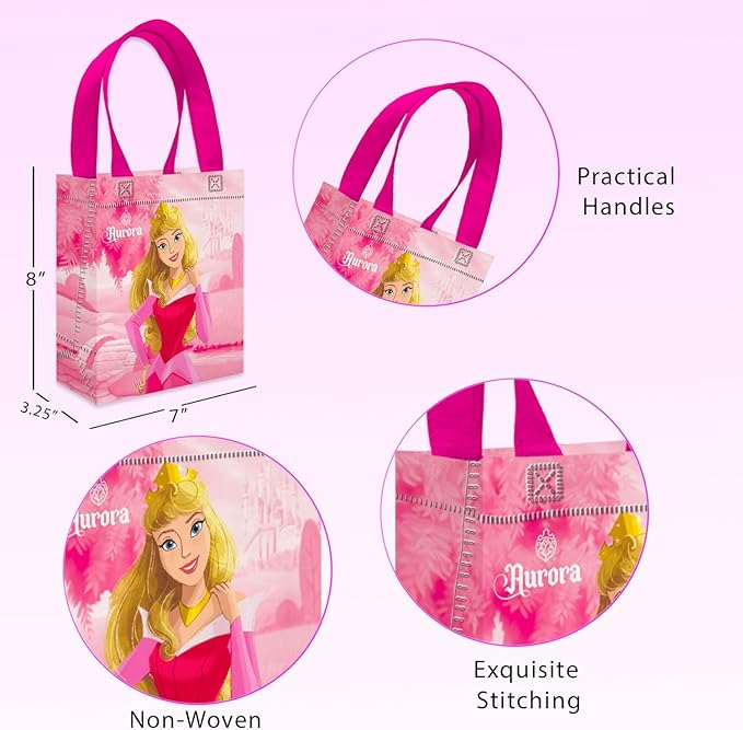 Sleeping Beauty Party Favor Bags Set – 24 Pack 8" Disney Princess Aurora Goodie Bags for Kids Bulk Reusable Mini Totes | Disney Sleeping Beauty Birthday Party Supplies