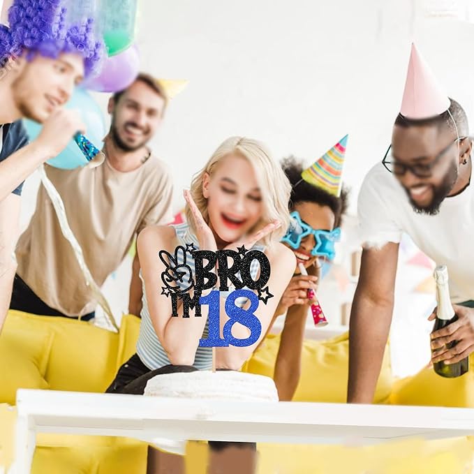 1 PCS Brother I'm 18 Cake Topper Glitter Star Happy 18th Birthday Cake Pick Bro I'm 18 Cake Decoration It's My 18th Birthday Decorations for Boys Cheers to 18 Years Old Birthday Party Supplies Blue