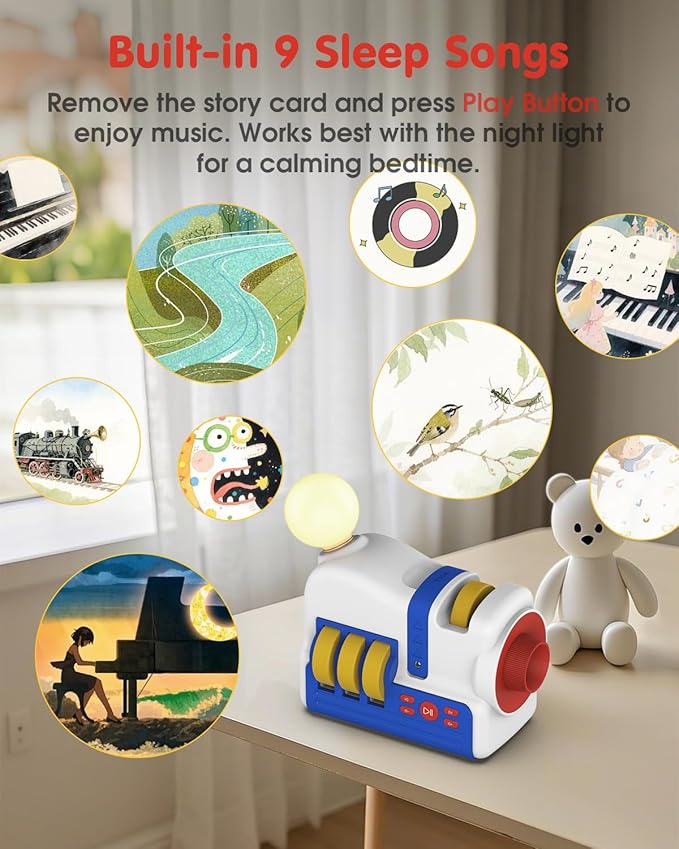 Story Projection Machine with 4 Story Cards, Built-in Audio Player, 9 Sleep Sounds & Gradient Night Light, Gift Toy for Toddlers and Kids (Boys & Girls) Age 3+, Battery or USB Powered