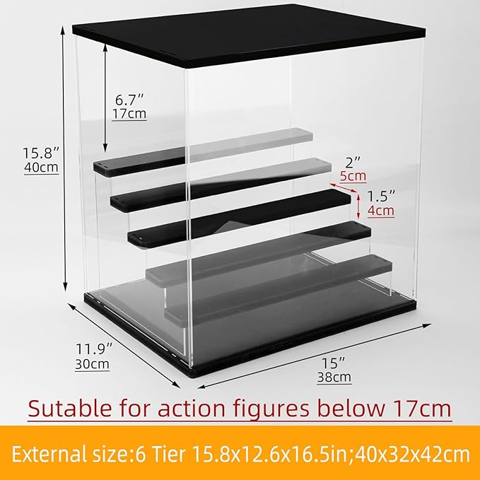 Clear Acrylic Display Case with Light , 6 Tier Multiple Color Lights Display Box Stand Assembly Dustproof Protection Showcase for Collectibles Action Figures (Black 6 Tier S 15.8*12.6*16.5in)