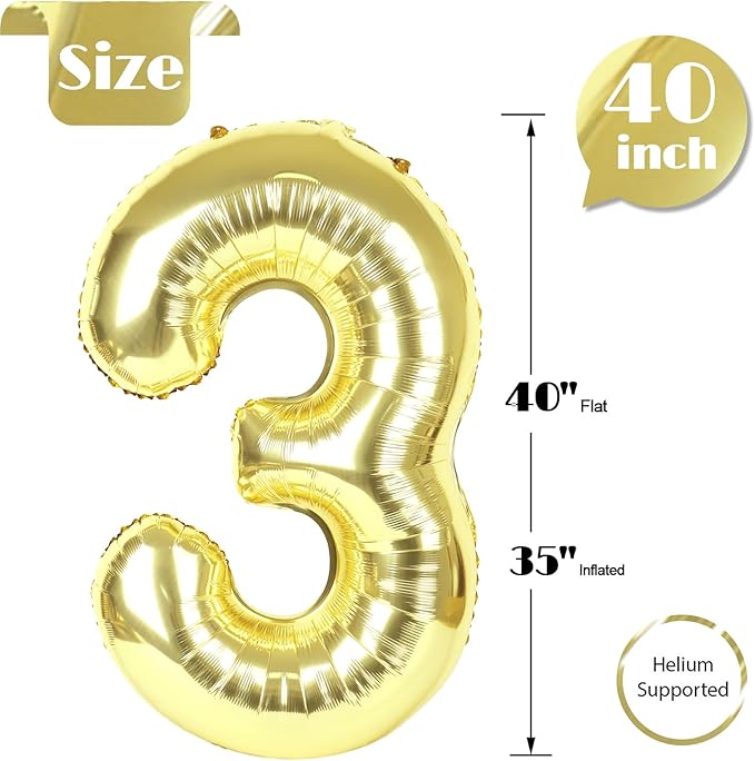 Champagne Gold 3 Balloon, Number Balloons 40 Inch, Light Gold 3rd Birthday Decorations for Kids Girls Women Party Supplies for Party Decorations, Number 3 Balloon