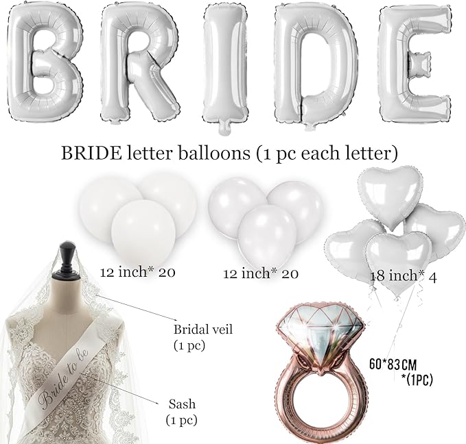 White Bridal Shower party decorations with pearl balloons Bridal Veil BRIDE Balloons Sash with Diamond Ring Heart Balloons Bridal Veil for Bachelorette Party Decor Bride To Be suppiles