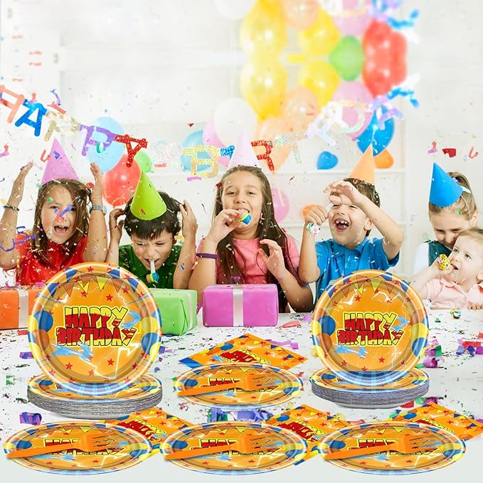 Orange Red Stars Birthday Party Supplies Orange Red Stars Party Decoration Disposable Happy Birthday Tableware Set, Serves 20 Guests