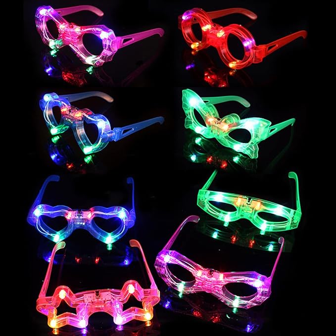 24 Packs LED Glasses for kids Glow in the dark Party Supplies Favor,6 LED 6 Shapes Glasses Flashing Plastic Light up Glass Toys Bulk 3 Replaceable Battery fit Easter Basket Stuffers Party Supplies