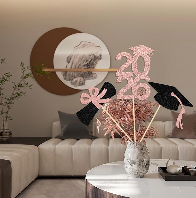12Pcs Graduation 2026 Graduation Centerpiece Sticks Class of 2026 Party Decor Table Toppers for College High School Graduation Party Supplies Rose Gold & Black