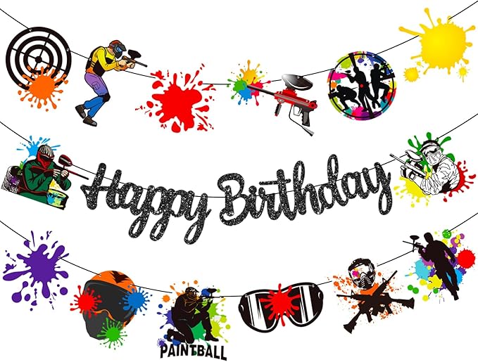Paintball Happy Birthday Banner Glitter Black Paintball Birthday Party Decorations 2PCS Paintball Themed Shooting Game Banner Decor for Paint Ball Splatter Splash Party Supplies