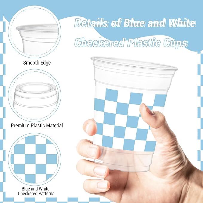 50Pcs Light Blue and White Checkered Cups, 12oz Light Blue Gingham Party Cups Blue White Checkered Clear Plastic Cups for Wedding Home Supplies Birthday Gender Reveal Party Decorations