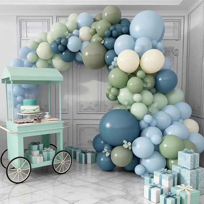 FunHot Blue Green Balloons, 50 Pcs Sage Green Blue Latex Balloon, 12 Inch Pastel Yellow Ivory Helium Balloons for Boy Baby Shower Wild Birthday Wedding Boho Gender Reveal Engagement Party Decorations
