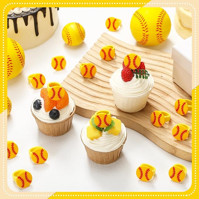Honeydak 48 Pcs Softball Cupcake Rings Toppers Decoration Sport Ball Theme Cake Picks Softball Party Decoration Sport Cupcake Toppers Rings for Birthday Party Supplies