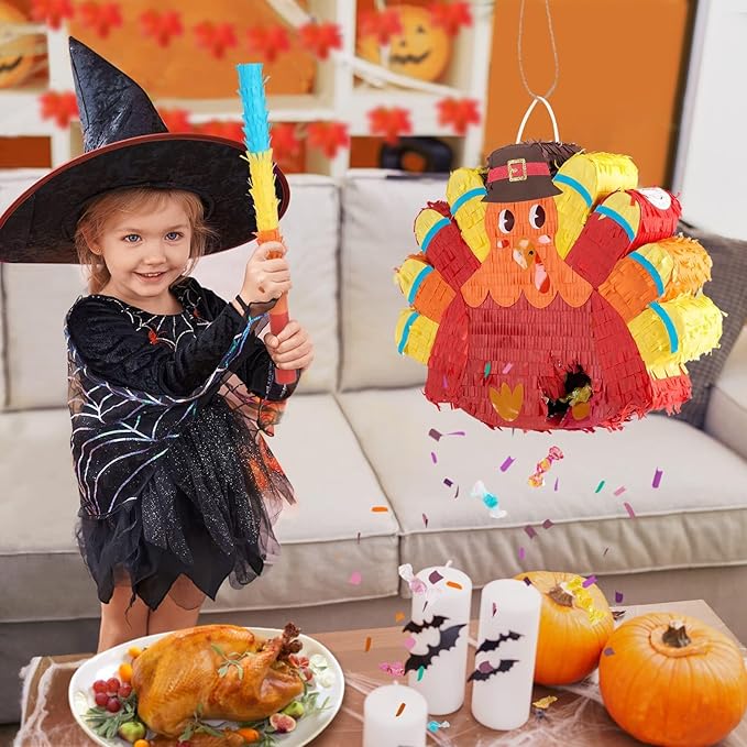 WERNNSAI Thanksgiving Turkey Piñata - Fall Decorations Red Turkey Piñata Thanksgiving Games for Kids Fall Festival Autumn Decor Carnival Party Supply with Blindfold